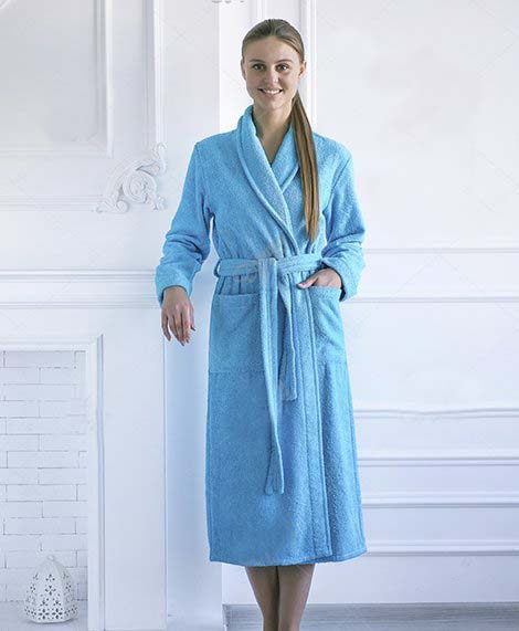 Халат махровый женский шаль р.52 100% хлопок светло-голубой - Лотос  Текстиль интернет-магазин